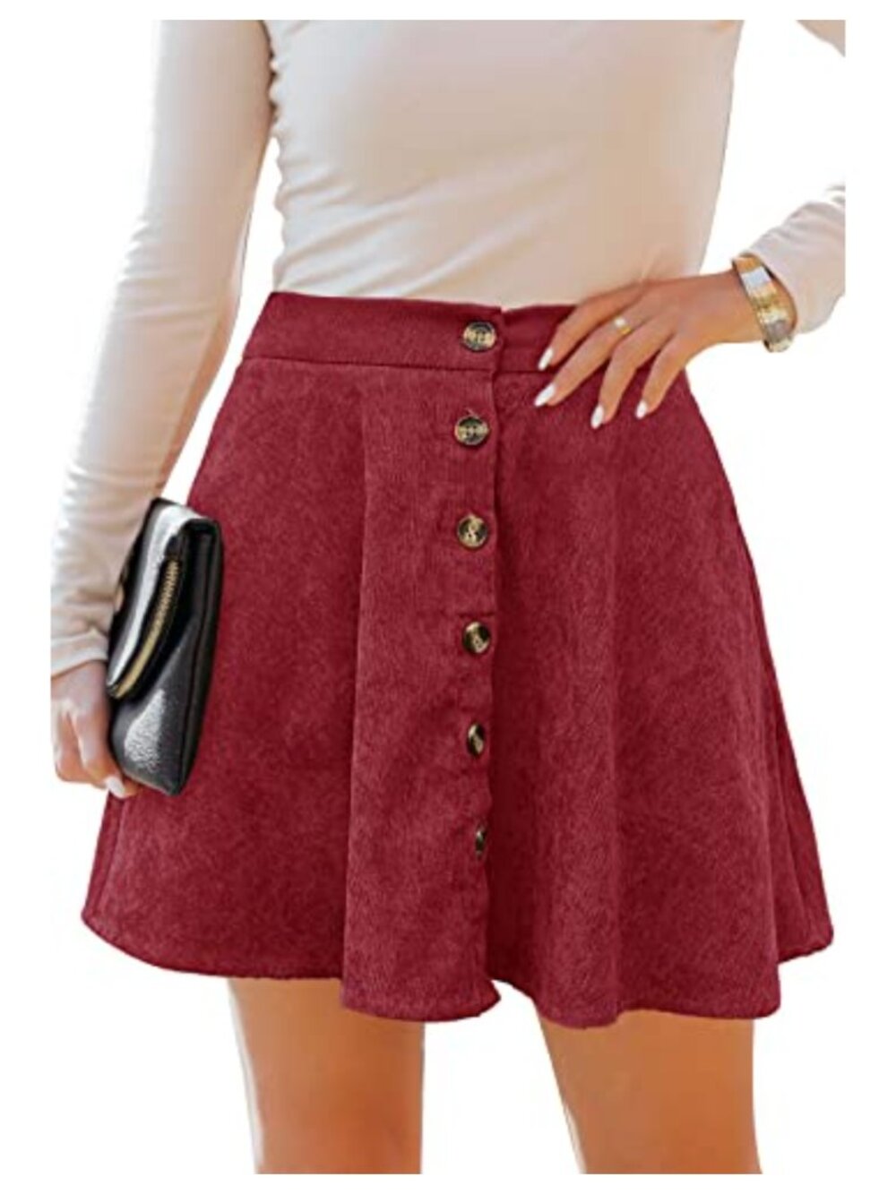 Women's Button Front Skater Skirt High Elastic Waist Corduroy A-Line Mini with